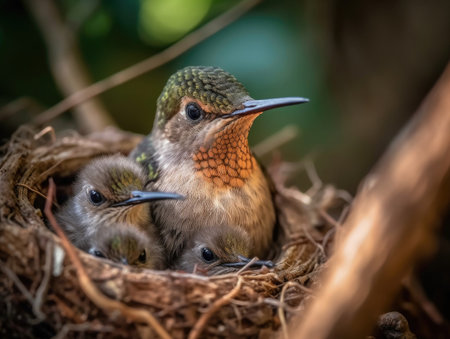 Adult Hummingbird with babies - generated with generative AIの素材