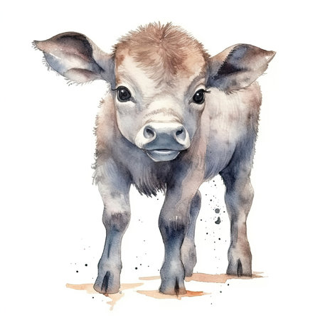 Baby Buffalo watercolor with ink outline on white background, high detailed - generated with generative AIの素材