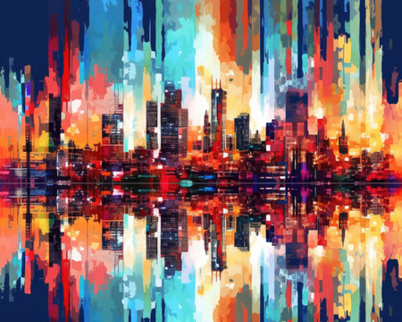 Digital glitch art depicts an abstract, colorful city background. - image generated with Generative AIの素材