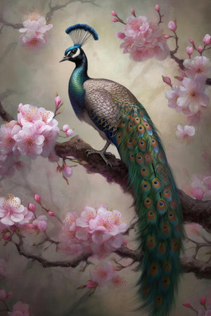 A peacock on a branch with pink flowers painted beautifully. - image generated with Generative AIの素材