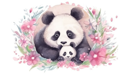 An AI generated watercolor illustration of a cute panda family. - image generated with Generative AIの素材