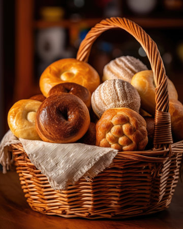 A wicker basket holds various types of bread and rolls. - image generated with Generative AIの素材