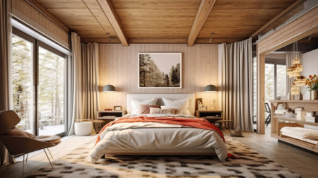 The centerpiece is a king-sized bed with a rustic wooden ceiling. - image generated with Generative AIの素材