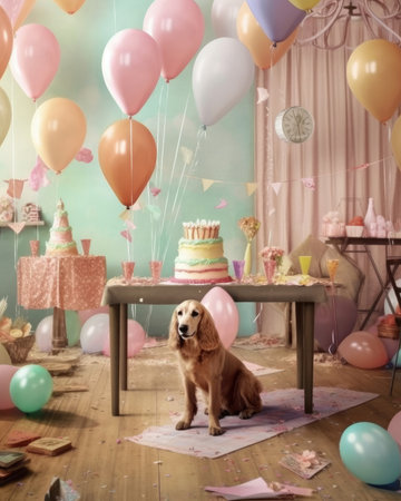 An AI-generated image shows a pastel-colored studio with a party dog. - image generated with Generative AIの素材