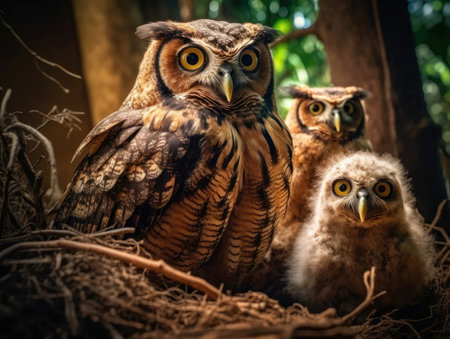 Adult Owl with babies - generated with generative AIの素材