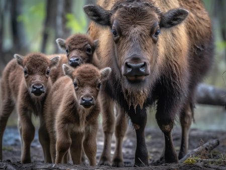 Adult Bison with babies - generated with generative AIの素材