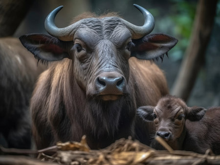 Adult Buffalo with babies - generated with generative AIの素材