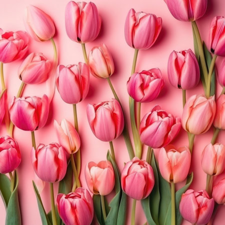 A flat lay of tulip flowers on pink background, suitable for Women's Day, Mother's Day, or spring sale. - image generated with Generative AIの素材