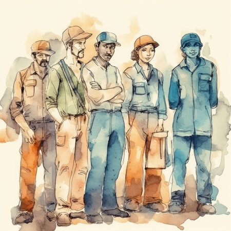 A watercolor-style group of workers. - image generated with Generative AIの素材