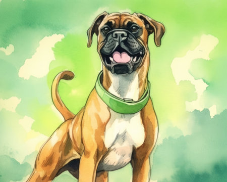 An energetic and playful boxer dog with a powerful and protective nature, set against a pastel green background with text space. - image generated with Generative AIの素材