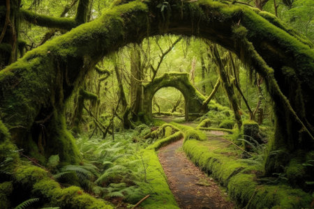 A mossy tunnel leads through a lush green forest. - image generated with Generative AIの素材