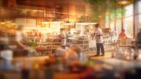 Chefs, waiters, and diners in a blurred restaurant background. Image generated with Generative AIの素材
