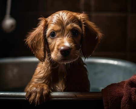 A puppy dog is soaking cutely in a bathtub. - image generated with Generative AIの素材