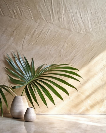 The cream white concrete wall has tropical leaf shadow and sunlight. - image generated with Generative AIの素材