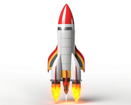 An isolated 3D rocket represents a space business startup and growth concept by the company ImageMidjourney. - image generated with Generative AIの素材