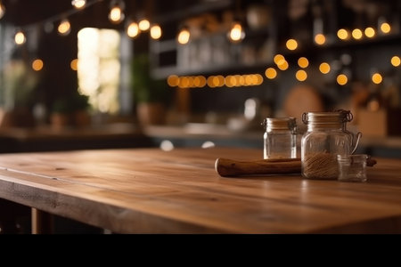 The rustic kitchen background has an empty wooden table and out of focus lights. - image generated with Generative AIの素材