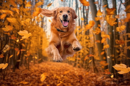 A golden retriever playing in fall leaves and woods. - image generated with Generative AIの素材