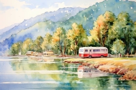 Camping in mountain lake with travel trailer. Image generated with Generative AIの素材