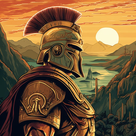 In the background, there is a battlefield with a Spartan soldier illustrated with a helmet. - image generated with Generative AIの素材