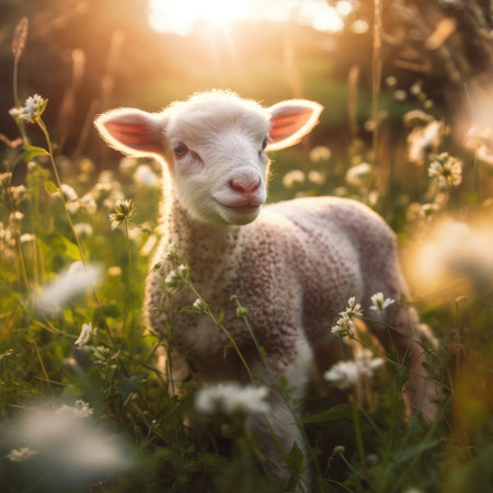 A lamb grazes in a meadow. - image generated with Generative AIの素材