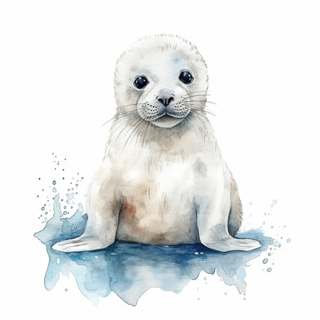 Baby Seal watercolor with ink outline on white background, high detailed - generated with generative AIの素材