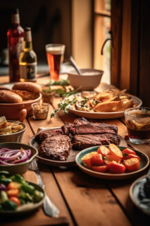 We had a happy weekend party with afternoon grilling of meat at the summer BBQ food party. - image generated with Generative AIの素材