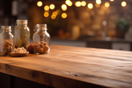 The rustic kitchen background has an empty wooden table and out of focus lights. - image generated with Generative AIの素材