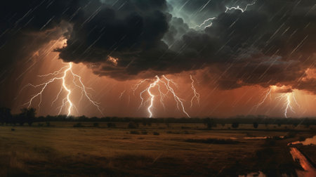 Multiple lightning strikes on stormy sky. - image generated with Generative AIの素材