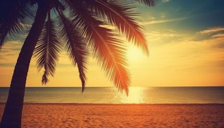 The retro-colored background depicts a beach with palm trees. - image generated with Generative AIの素材