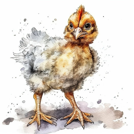 Baby Chicken watercolor with ink outline on white background, high detailed - generated with generative AIの素材