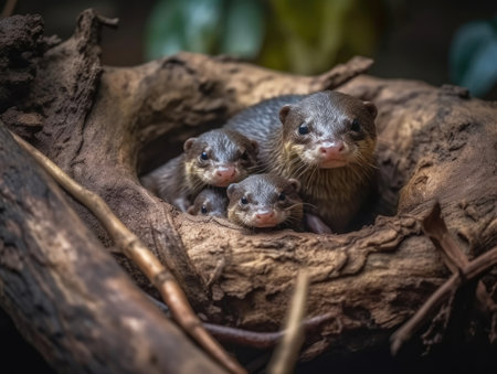Adult Otter with babies - generated with generative AIの素材