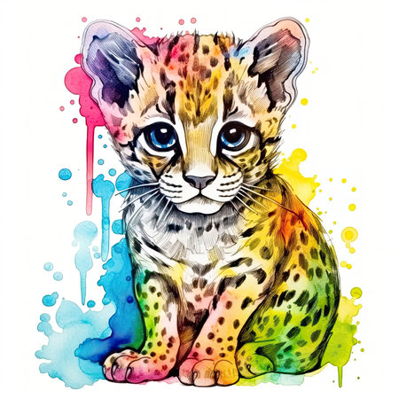 Baby Margay watercolor with ink outline on white background, high detailed - generated with generative AIの素材