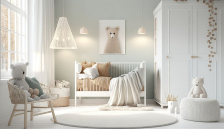 This is a light-colored, Scandinavian-style nursery with a minimalist design. - image generated with Generative AIの素材