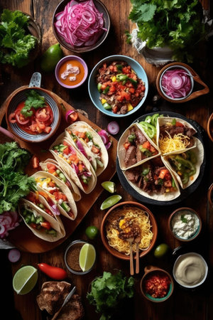 Above view of beef and vegetable tacos. - image generated with Generative AIの素材