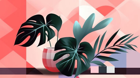 A pink background features a still life with geometric shapes and monstera. Image generated with Generative AIの素材