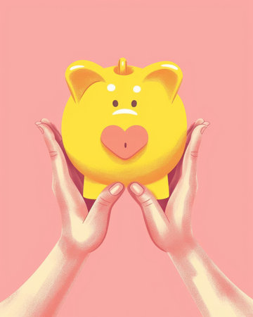 A yellow piggy bank being held on a pink background. Image generated with Generative AIの素材