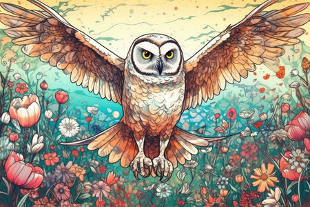 A beautiful flying owl on a spring field with wildflowers. - image generated with Generative AIの素材