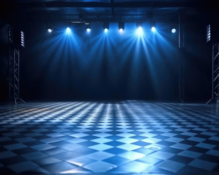 The blue spotlights on the stage floor make an ideal background, backdrop, or mock up in a dark room. - image generated with Generative AIの素材