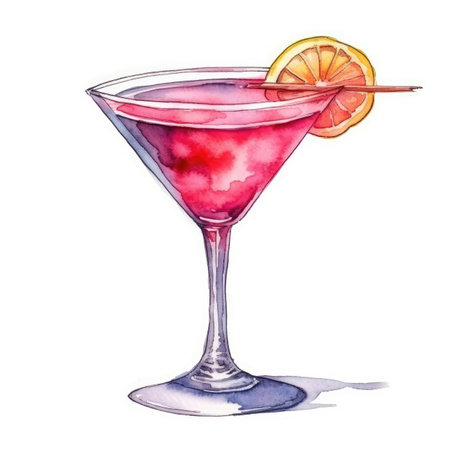 Cosmopolitan Cocktail isolated on white background drawn with watercolor - generated with generative AIの素材