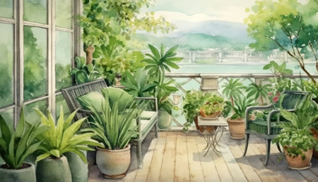 The terrace is adorned with lush green indoor plants. Image generated with Generative AIの素材