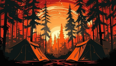 A tent for camping in the woods. Image generated with Generative AIの素材