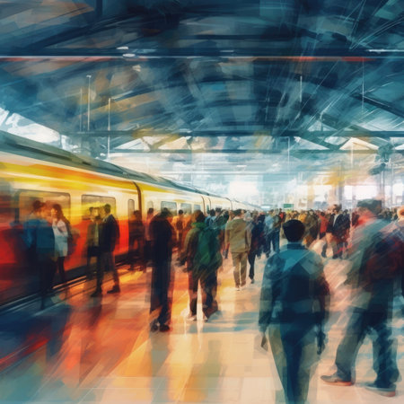 A crowd of people walking in a train station looked blurred. Image generated with Generative AIの素材