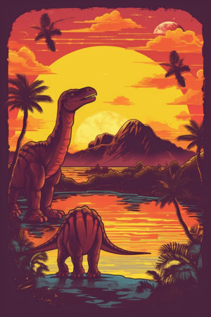 At sunset, dinosaurs roamed the landscape. - image generated with Generative AIの素材