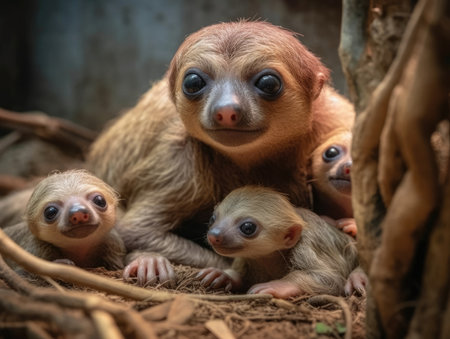 Adult Sloth with babies - generated with generative AIの素材