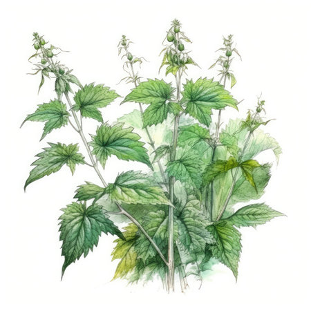 Nettles in watercolor style with ink outline on white background - generated with generative AIの素材