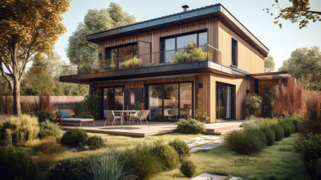 City real estate photography depicting a modern German house and lush garden. - image generated with Generative AIの素材