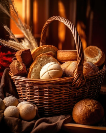 A wicker basket holds various types of bread and rolls. - image generated with Generative AIの素材