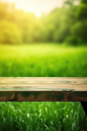 Copy space on empty wooden table with blurred natural background. - image generated with Generative AIの素材