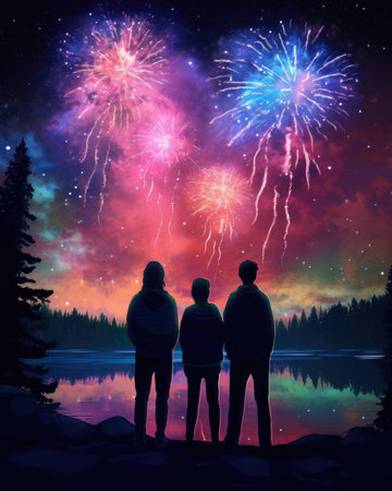 Three people appear to face each other while watching fireworks. - image generated with Generative AIの素材