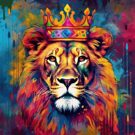 An abstract, colorful painting of a lion with a crown. Image generated with Generative AIの素材
